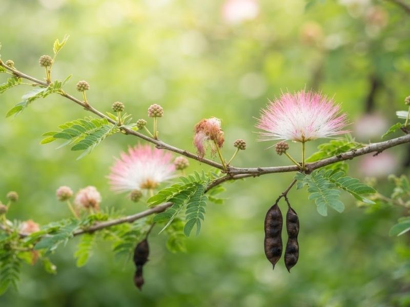 Galho de caliandra com botões, flores abertas, folhas bipinadas e vagens maduras.