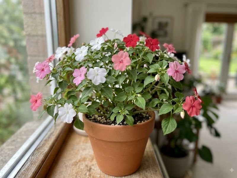 Flor beijinho saudável em vaso próximo a uma janela iluminada