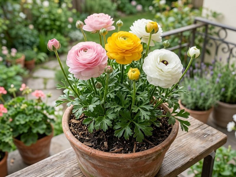 Flor ranúnculo rosa, amarela e branca cultivada em vaso em uma varanda iluminada