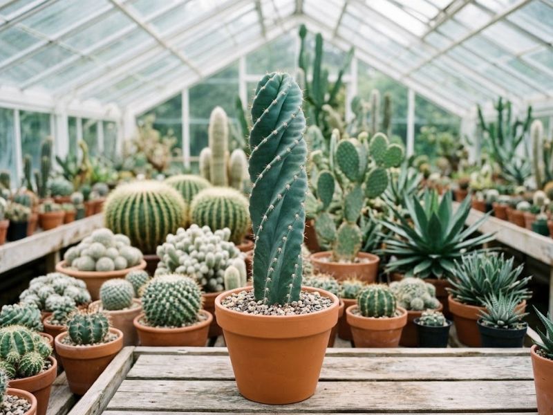 Cacto parafuso saudável em coleção organizada de cactos