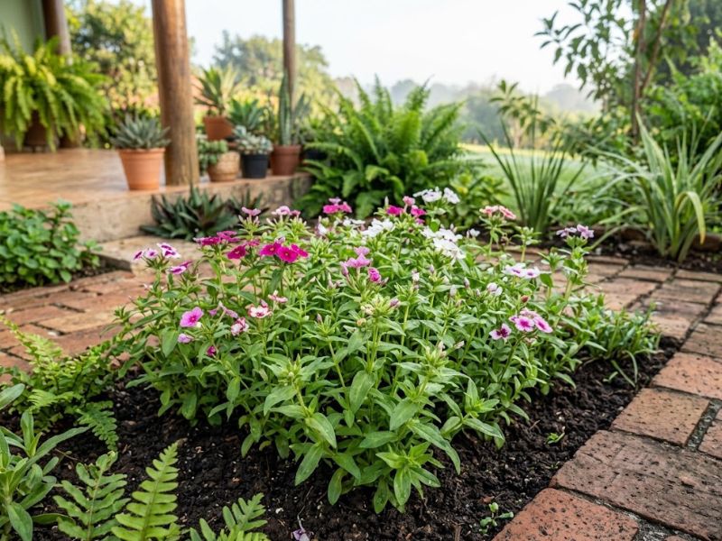 Mudas de Phlox drummondii crescendo em canteiro no início da floração