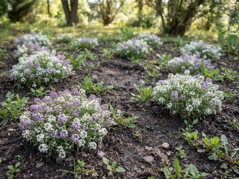 Mudas de flor-de-mel muito afastadas com espaços vazios e ervas invasoras no canteiro