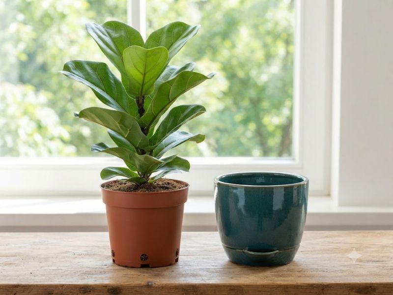 Planta em vaso com drenagem ao lado de cachepô com água acumulada