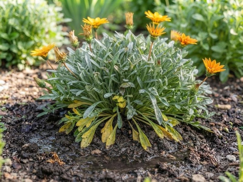 Gazânia com caules alongados e poucas flores por falta de sol