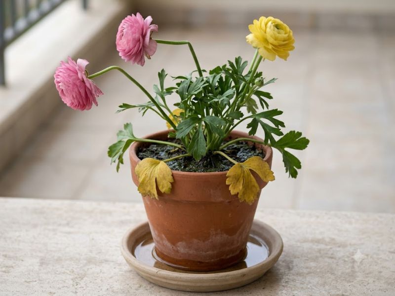 Ranúnculo com hastes alongadas e poucas flores devido à falta de luminosidade