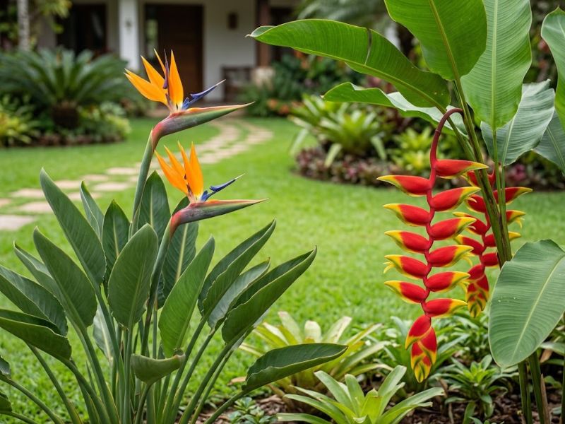 Estrelícia e helicônia lado a lado mostrando diferenças entre as flores