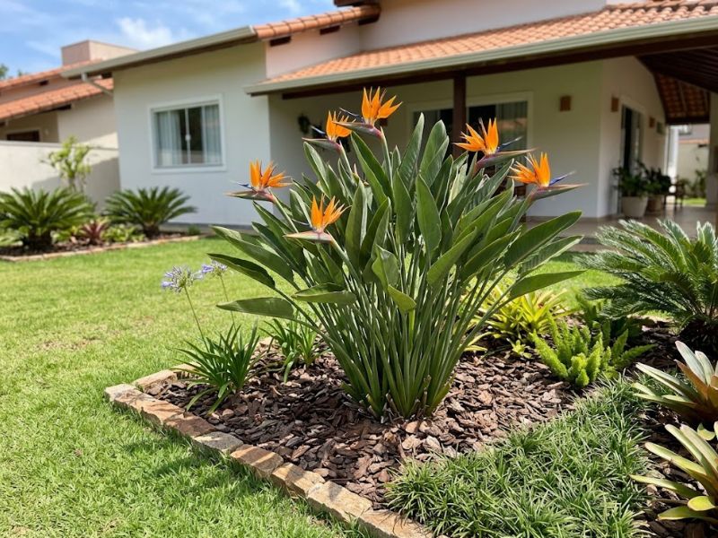 Flor estrelícia plantada em canteiro ensolarado no jardim