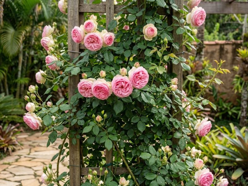 Rosa trepadeira adulta com flores, botões e novos brotos conduzidos em treliça de madeira