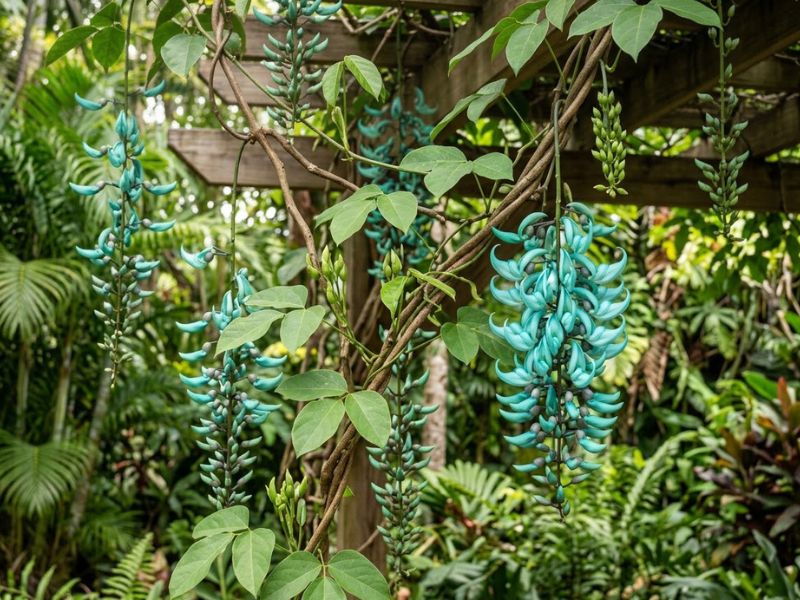 Trepadeira jade mostrando folhas, botões e cachos azul-esverdeados em diferentes estágios