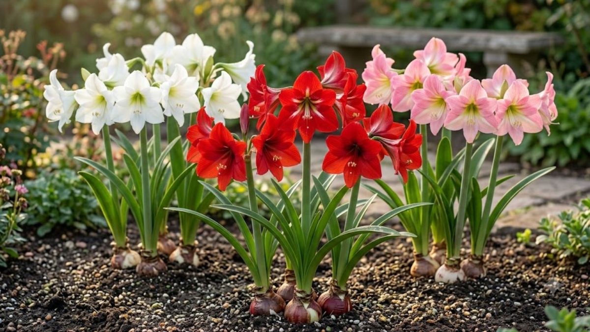 Flores de amarílis brancas, vermelhas e rosas cultivadas em canteiro ensolarado