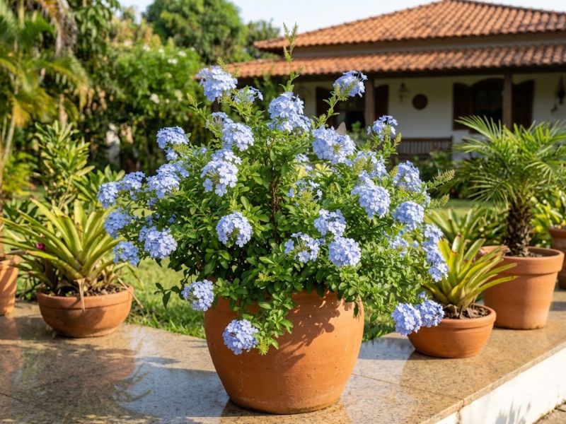 Flor bela emília cultivada em vaso grande com flores azuis