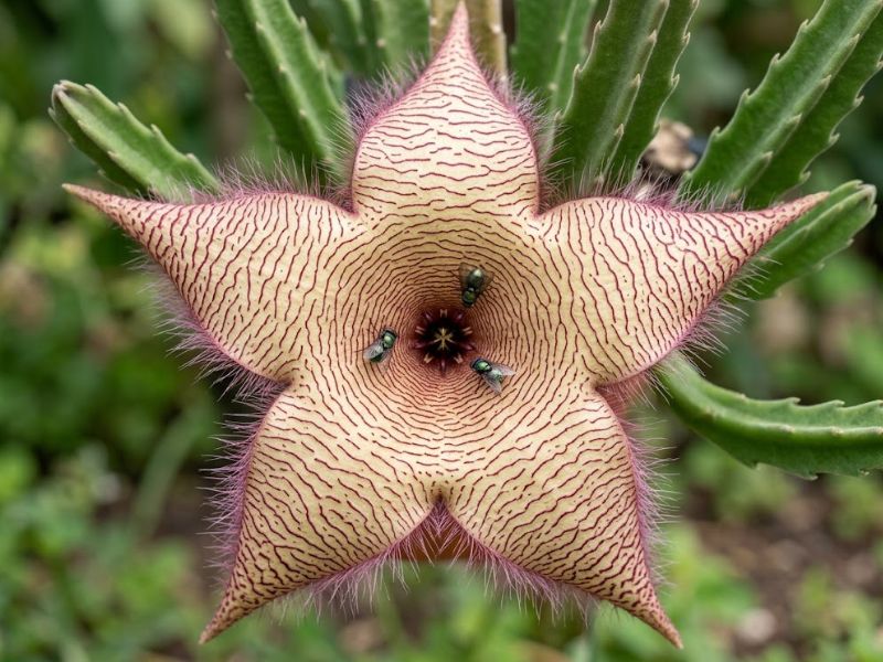 Flor do cacto estrela com pequenas moscas pousadas sobre o centro

