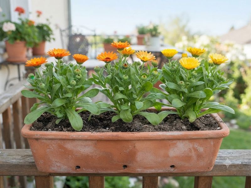 Flores de calêndula amarelas e alaranjadas cultivadas em jardineira