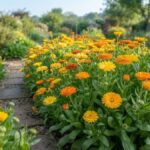 Canteiro florido de calêndulas amarelas e alaranjadas ao lado de um caminho de jardim