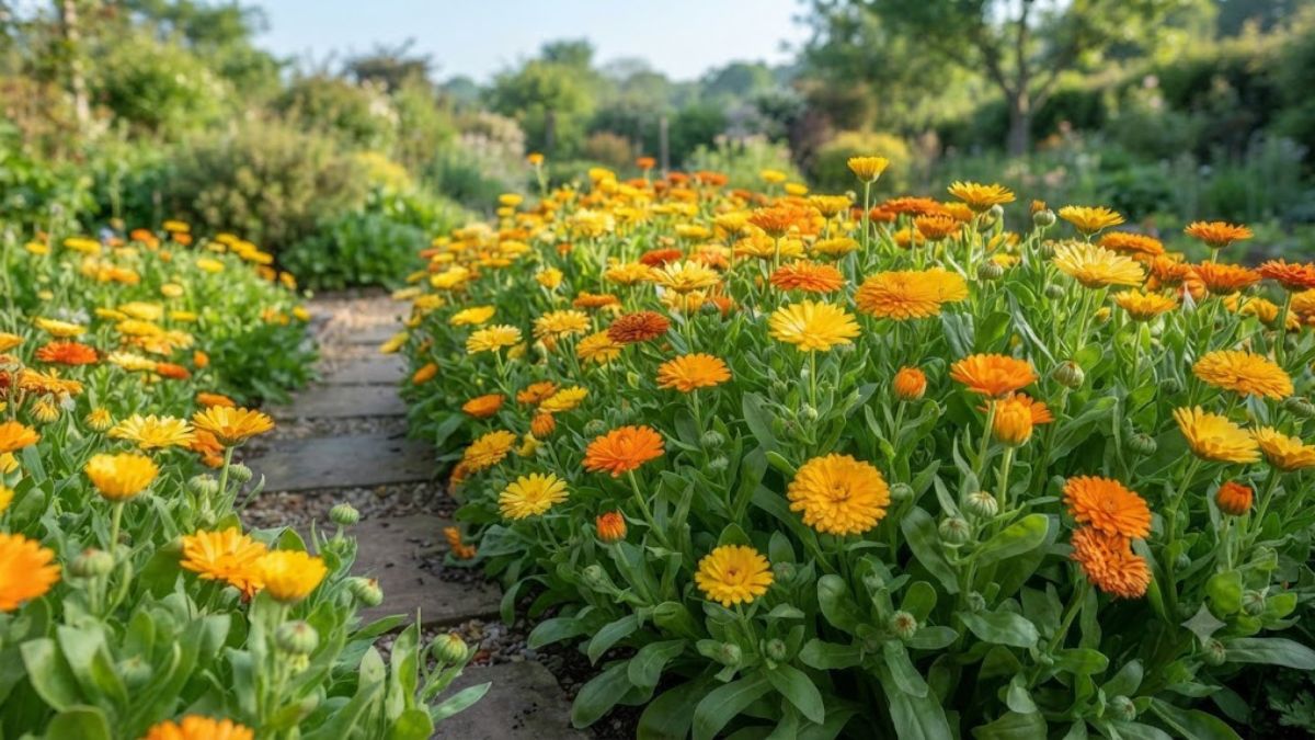 Canteiro florido de calêndulas amarelas e alaranjadas ao lado de um caminho de jardim