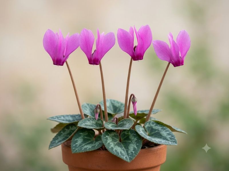 Flor ciclame rosa com pétalas curvadas para trás e folhas verdes com desenhos prateados