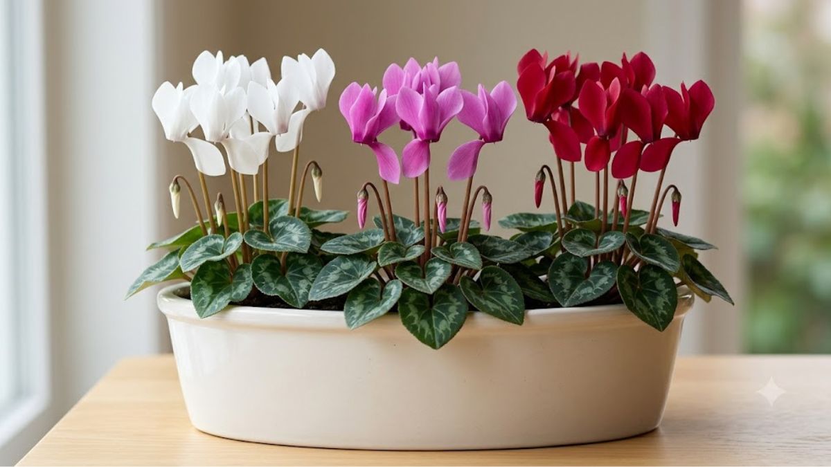 Flor ciclame branca, rosa e vermelha cultivada em vaso próximo à janela