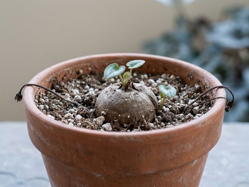 Vaso com tubérculo da flor ciclame durante o período de dormência