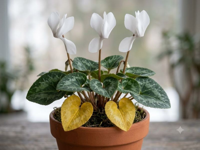 Flor ciclame com algumas folhas amarelas entre a folhagem verde