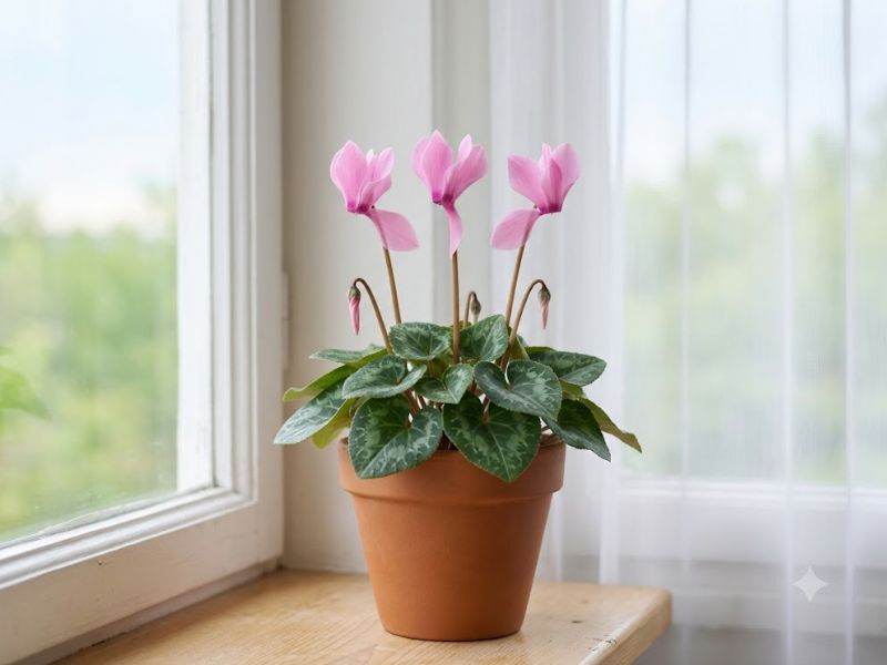 Flor ciclame cultivada perto de uma janela com luminosidade natural indireta