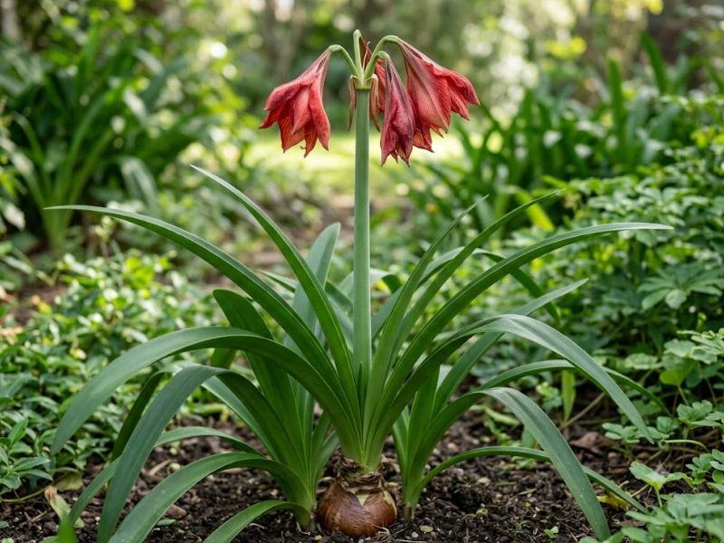 Flores de amarílis murchas acompanhadas de folhas ainda verdes