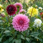 Flores de dália rosas, amarelas, brancas e vinho cultivadas em canteiro ensolarado