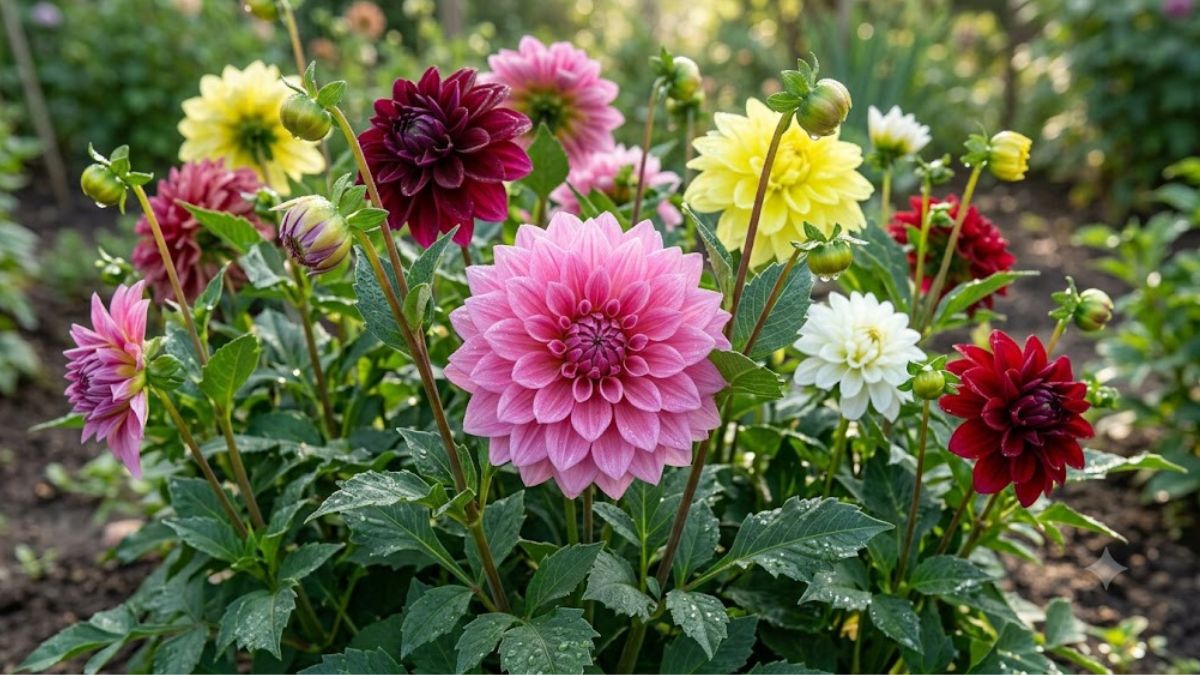 Flores de dália rosas, amarelas, brancas e vinho cultivadas em canteiro ensolarado