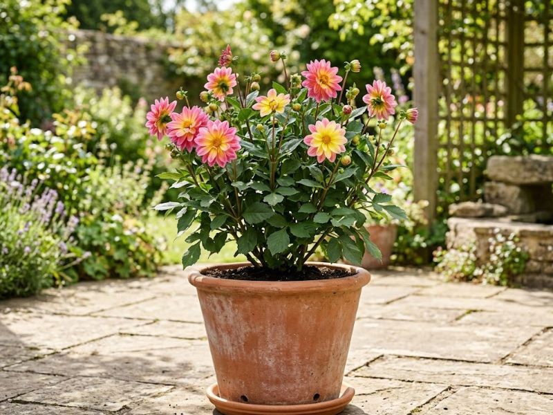 Flor dália compacta cultivada em vaso grande de terracota em varanda ensolarada