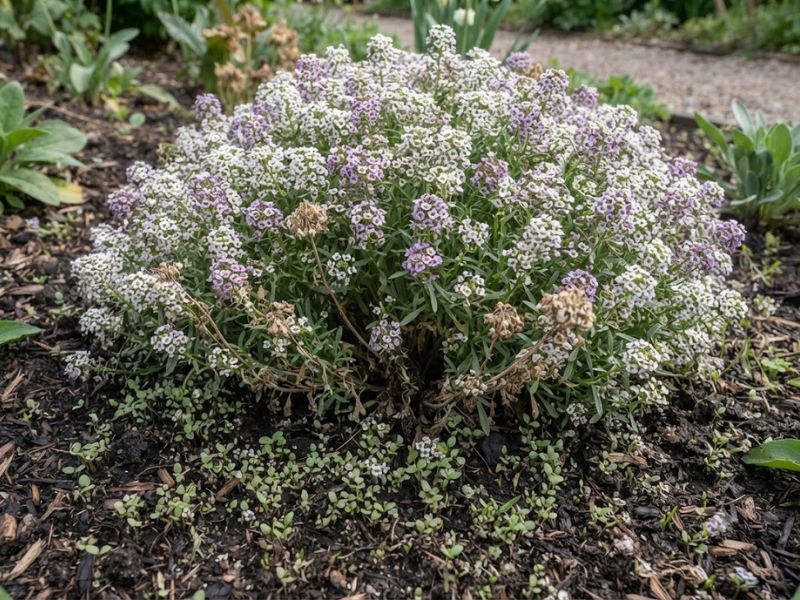 Planta adulta de flor-de-mel com flores secas e novas mudinhas surgindo no solo