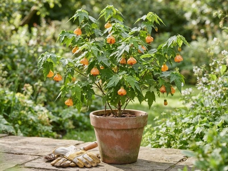 Flor de sino laranja em vaso ao lado de luvas de jardinagem