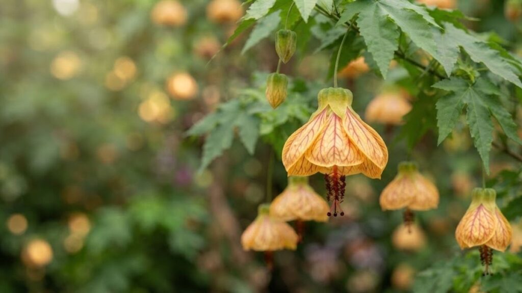 Flor de sino laranja com pétalas amarelas e nervuras vermelhas em destaque
