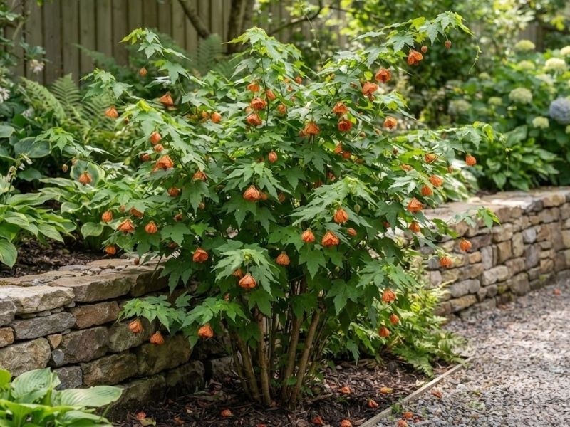 Flor de sino laranja crescendo como arbusto ramificado junto a um muro