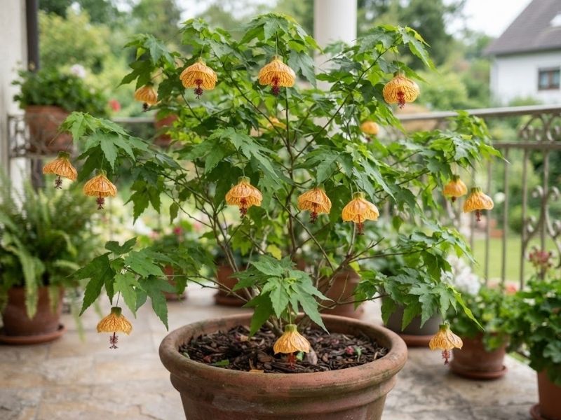 Abutilon pictum cultivado em vaso grande com poucas flores laranjas