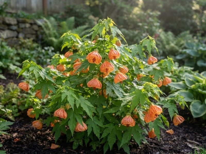 Flor de sino laranja recebendo sol suave da manhã no jardim