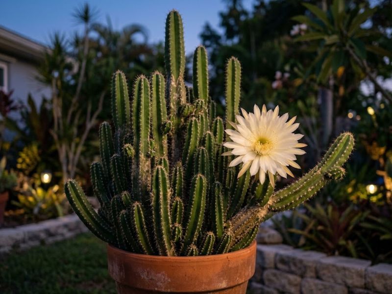 Cacto castelo de fada adulto com uma grande flor branca aberta