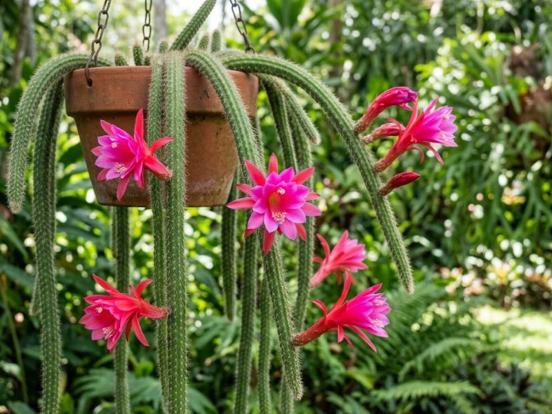 Flor do cacto rabo de rato aberta em ramos pendentes da planta