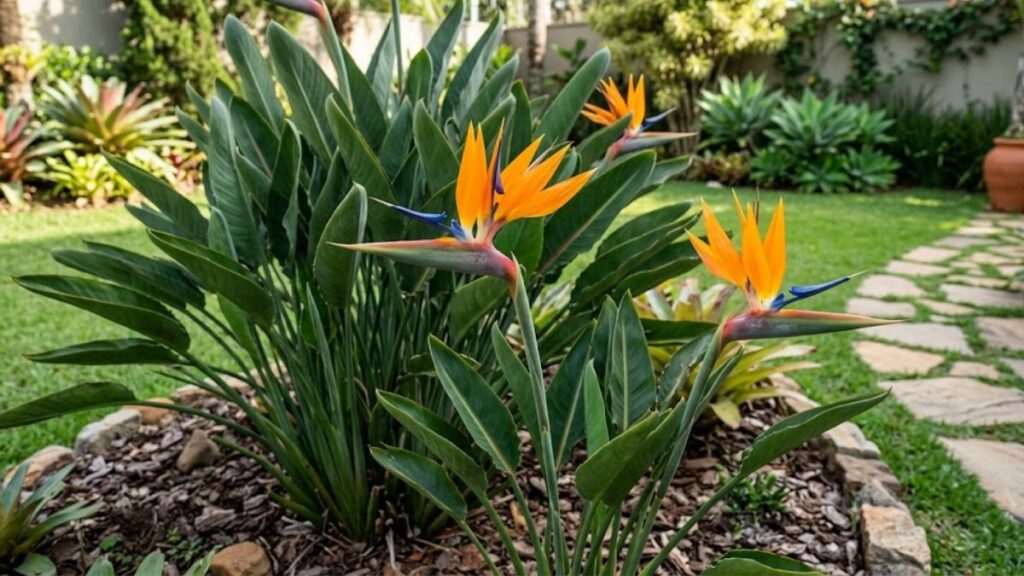 Flor estrelícia em canteiro de jardim residencial com flores laranja e azul