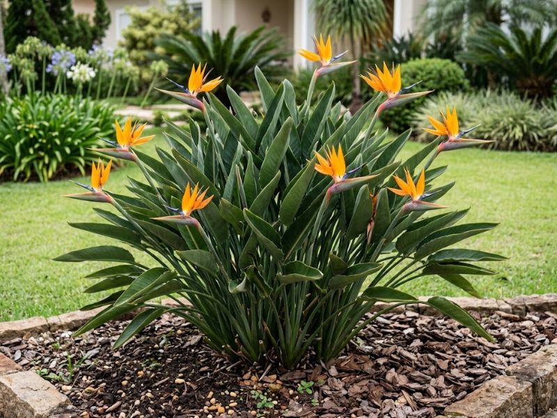 Flor estrelícia saudável com várias flores laranja e azul