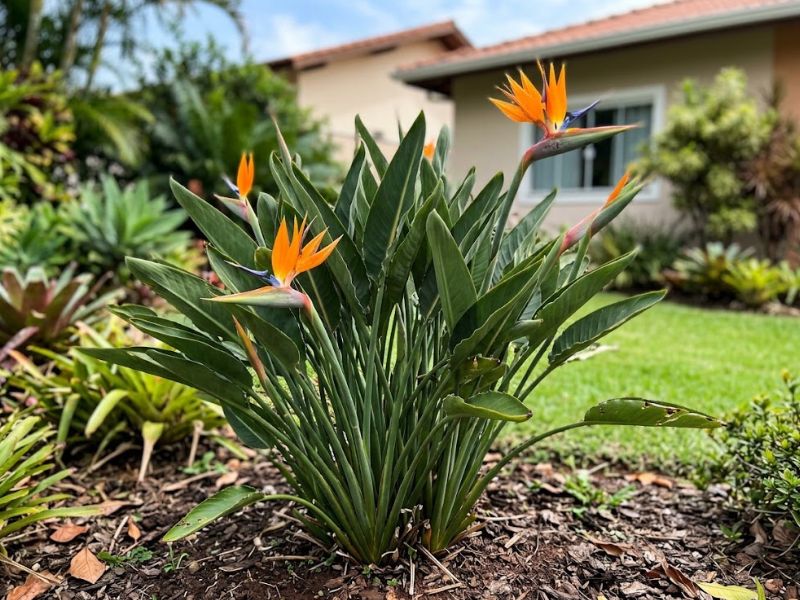Flor estrelícia adulta e florida em jardim residencial