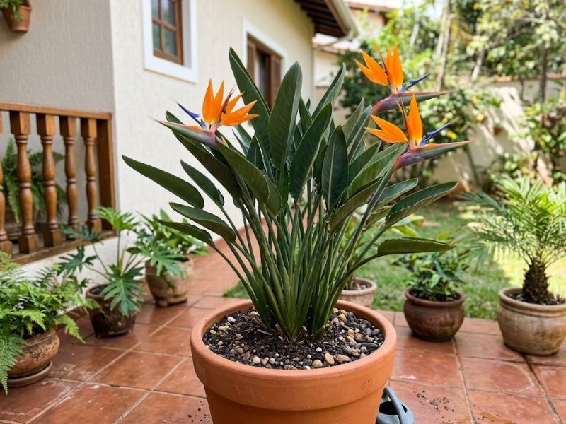Flor estrelícia cultivada em vaso grande em área externa