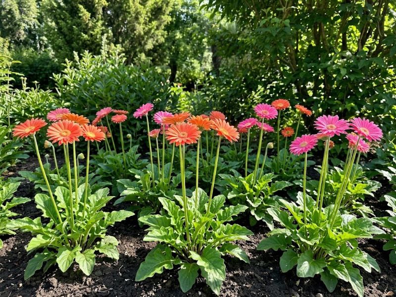 Flores de gérbera recebendo sol suave da manhã em um canteiro parcialmente protegido