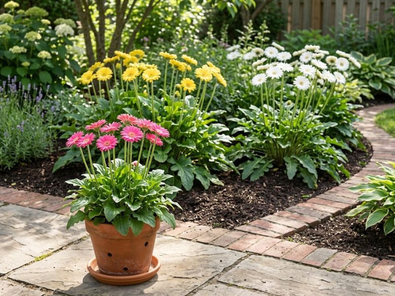 Flor gérbera compacta em vaso e gérberas amarelas e brancas cultivadas no canteiro do jardim