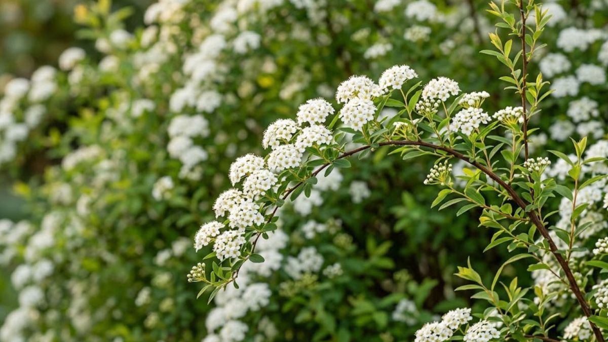 Ramo arqueado de grinalda de noiva com pequenas flores brancas e o arbusto desfocado ao fundo