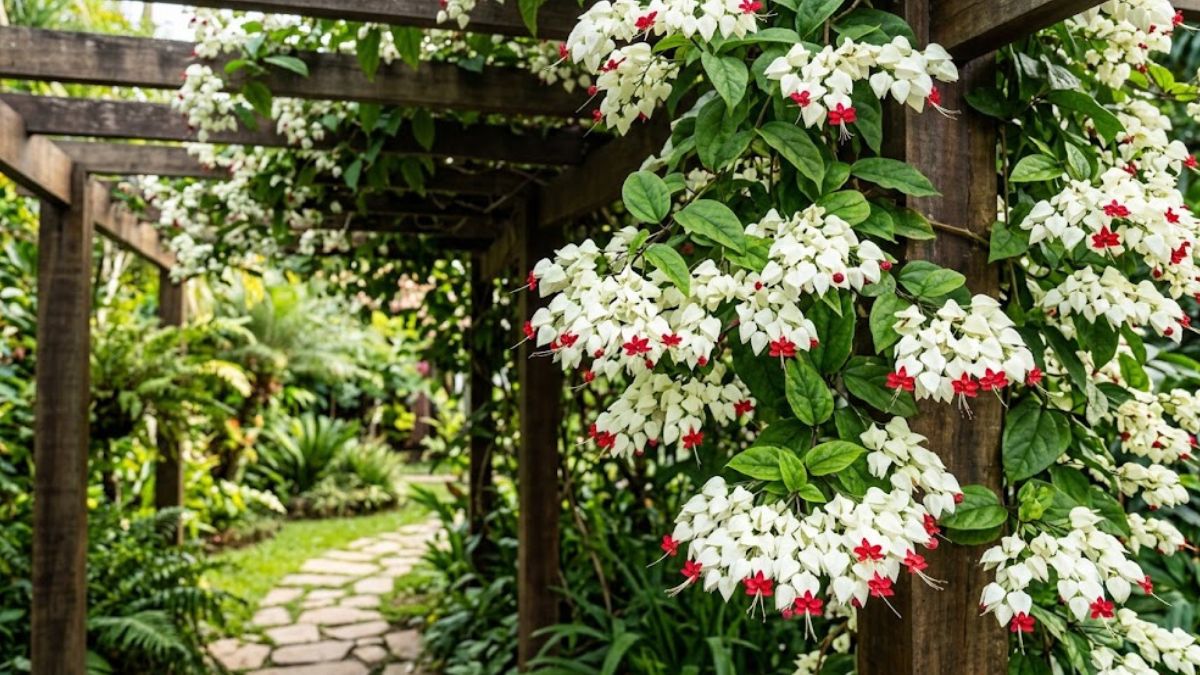Flor lágrima de cristo cobrindo um pergolado de madeira no jardim
