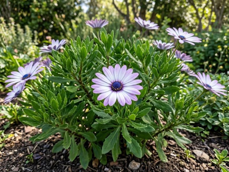 Flor margarida do cabo em primeiro plano com pétalas claras e centro arroxeado