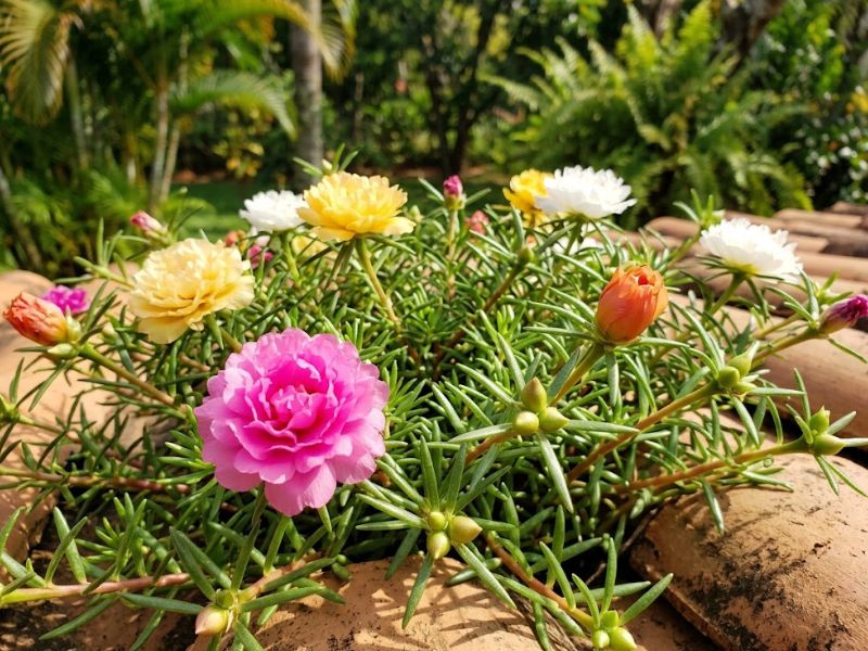 Flores onze horas abertas ao sol e botões parcialmente fechados na mesma planta