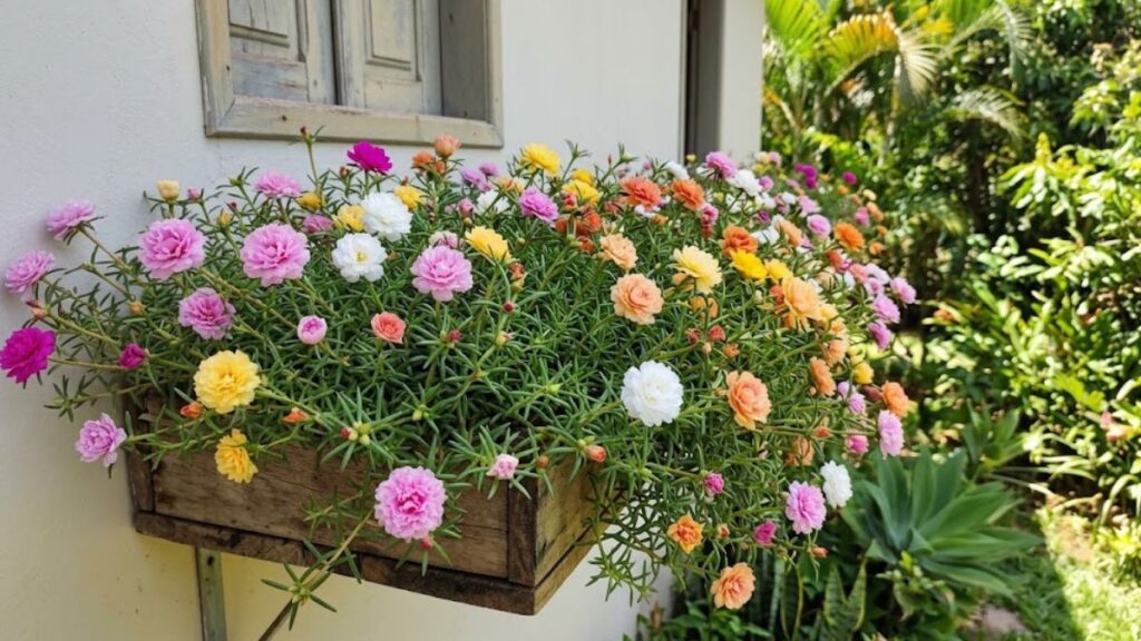 Flor onze horas dobrada em jardineira de madeira com flores rosas, amarelas, brancas e laranjas