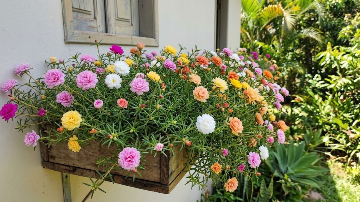 Flor onze horas dobrada em jardineira de madeira com flores rosas, amarelas, brancas e laranjas