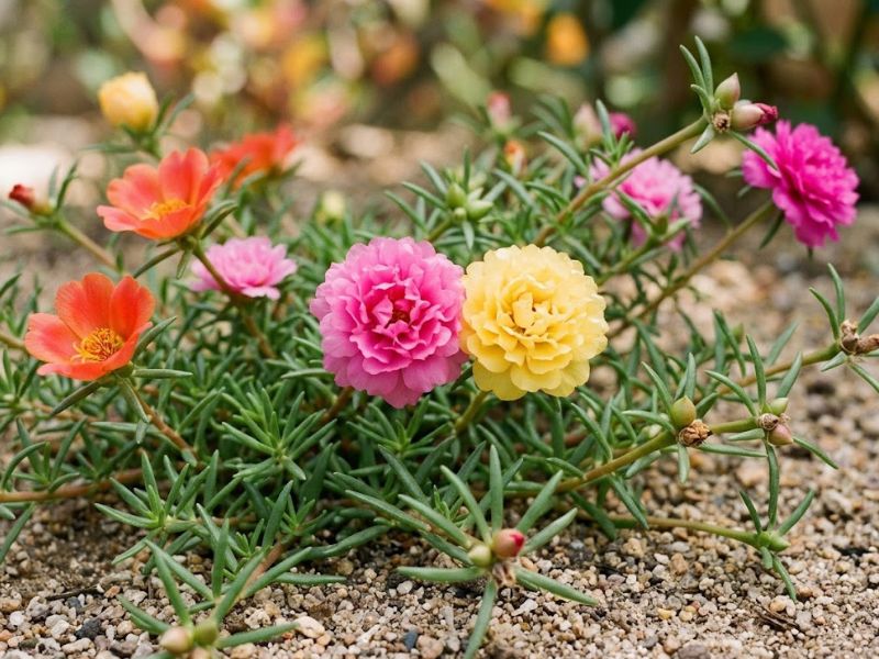 Portulaca grandiflora com flores abertas, ramos rasteiros e folhas estreitas e carnosas