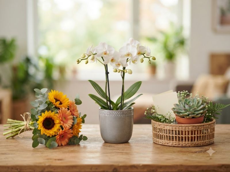 Buquê de girassóis, orquídea em vaso e cesta com suculenta para o Dia dos Pais